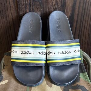 adidas Navy Slide Sandals with Yellow & Green Stripes